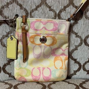 COACH Hampton Pastel Multicolor Signature Small
Crossbody Bag Purse Yellow Strap